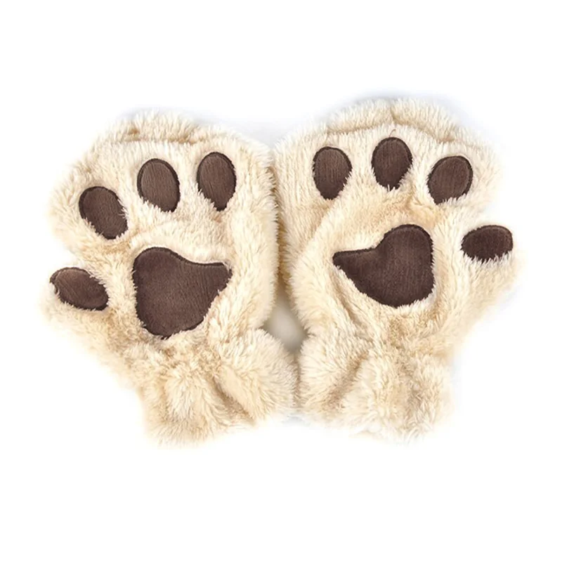 Зимние женские милые плюшевые рукавицы с кошачьими лапами, короткие перчатки без пальцев - Цвет: Бежевый