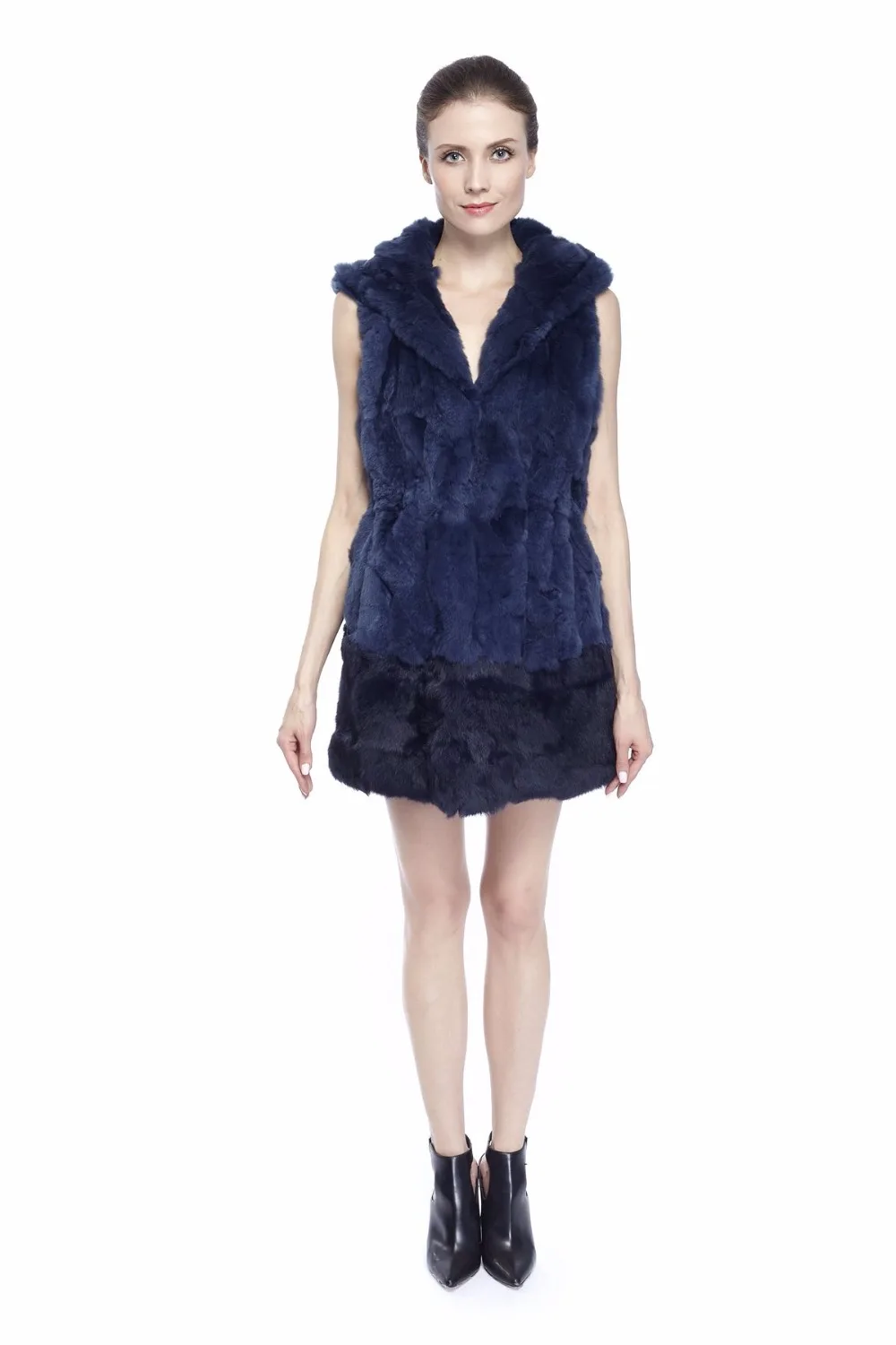 black puffer ZY88012 Women Elegant Real Winter Rex Rabbit Fur With Hooded Long Fur Vest Waistcoat Gilet Slim Fur Vest petite long puffer coat