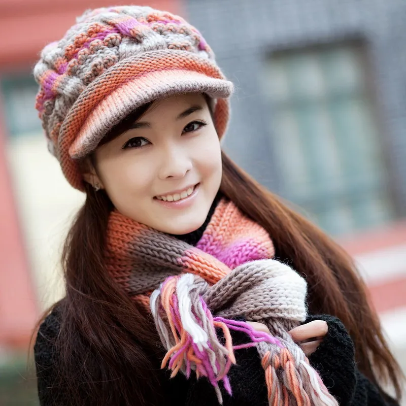 thermal-cold-proof-winter-hat-female-knitted-hat-scarf-wool-cap-twinset-knitted-beret-hat-wool-female-winter-warm-cap-scarf-sets