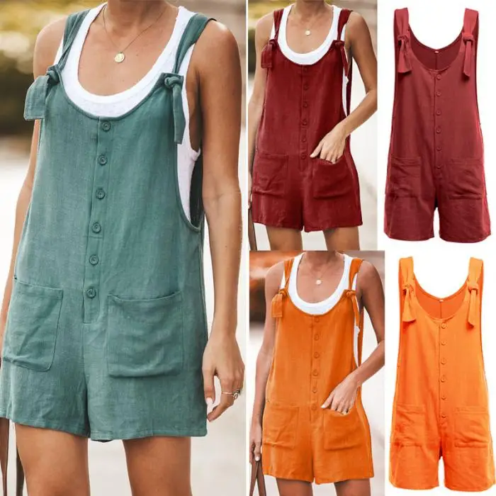 Women Cotton Linen Strappy Wide Leg Loose Jumpsuit Overalls Short Bib Pants for Summer KNG88