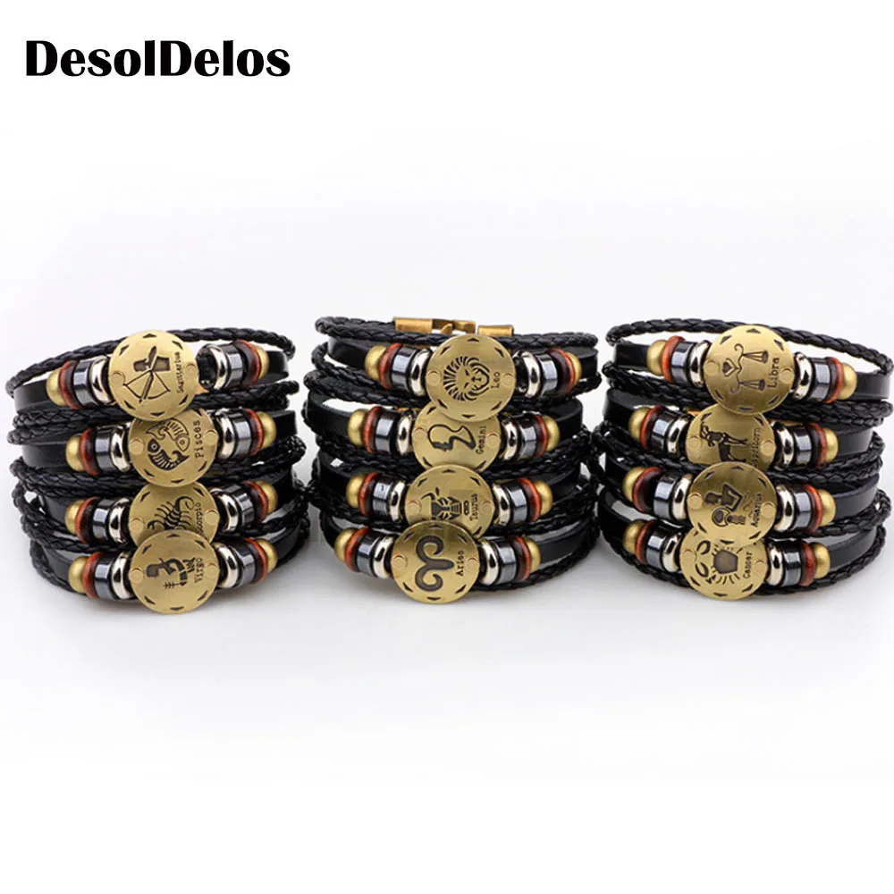 

Weaving Beaded Real Leather 12 Constellations Bracelets Men's Black Alloy Buckle Casual Punk Bracelets & Bangles Jewelry