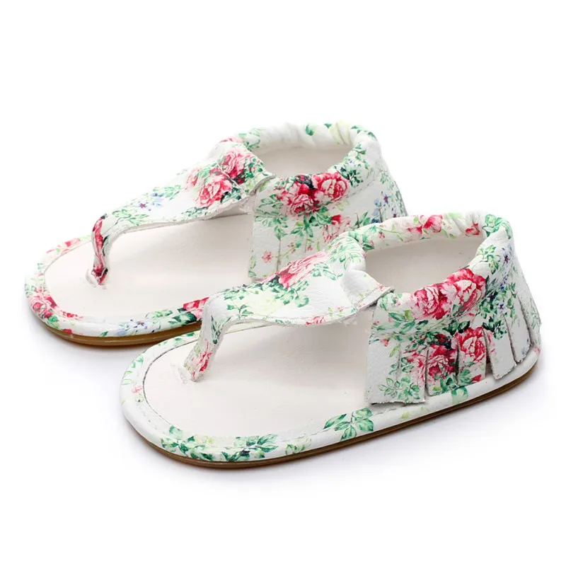 Летние сандалии для девочек с принтом, модная пляжная обувь для девочек с цветами, тканевые сандалии из фанеры с елочкой для новорожденных
