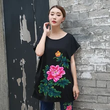 Новые летние китайский стиль ручная роспись хлопок футболка для женщин; Большие размеры свободный крой заниженной линией плеч Футболки Большие размеры Топы XL-XXXXXL
