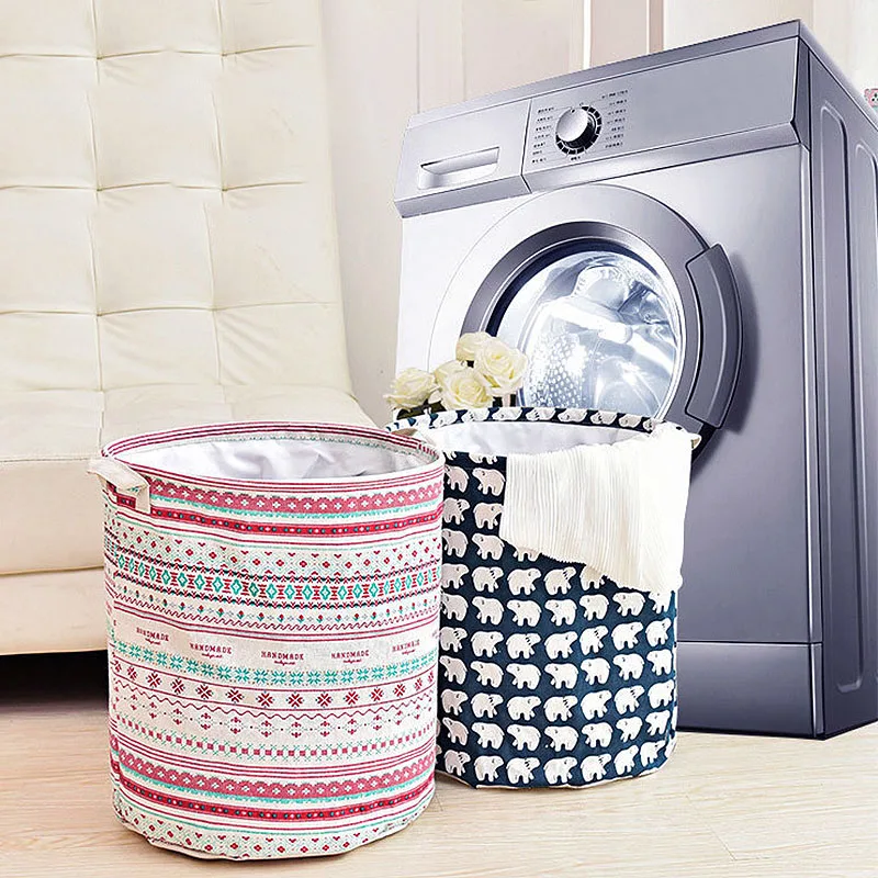 

Popular Waterproof Canvas Beam Laundry Basket Tree Bear Pattern Cotton Linen Washing Clothes Storage Basket Folding Storage Box