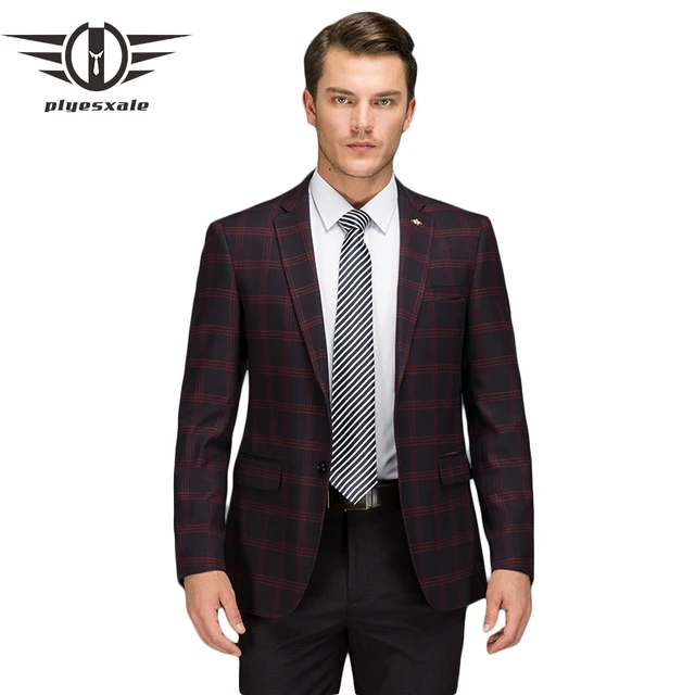 Plyesxale Mens Burgundy Blazer 2018 Autumn Plaid Blazer For Men Slim Fit Casual Blazers Jacket