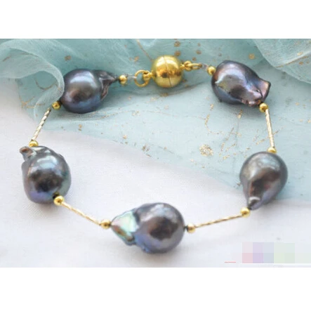 

P4016 8" 18mm black BAROQUE KESHI REBORN PEARL gild 5star bracelet @^Noble style Natural Fine jewe SHIPPING 6.2