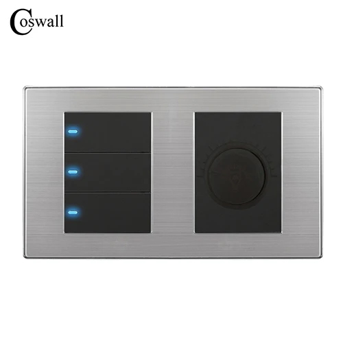 Coswall 3 банды 1 способ роскошный светодиодный светильник Переключатель ВКЛ/ВЫКЛ настенный выключатель с регулятором яркости панель из нержавеющей стали 160 мм* 86 мм - Цвет: Black