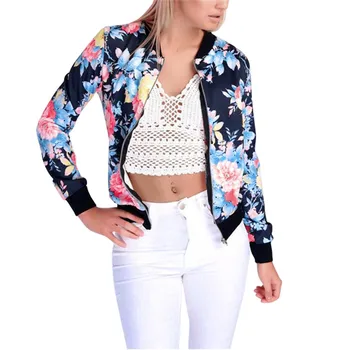 

MUQGEW Womens Autumn Winter Korean Slim Fashion Jacket Coat Ladies Biker Celeb Camo Flower FLoral Print Zipper Up Bomber Jacket