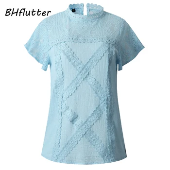 

BHflutter Cotton Lace Shirts Women 2019 Fashion O neck Short Sleeve Casual Summer Blouses and Tops Sexy Hollow out Tops Blusas
