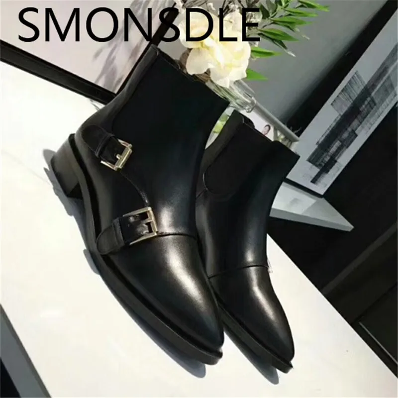

SMONSDLE Comfortable Casual Black Genuine Leather Women Ankle Boots Buckle Decoration Pointed Toe Slip On Women Boot Shoes Woman
