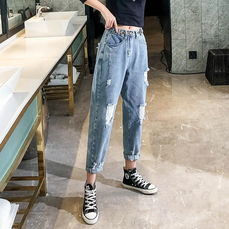 Рваные с высокой талией тонкие джинсы женские девять брюки новые весенние свободные редис широкие брюки женские осенние модные джинсы большого размера