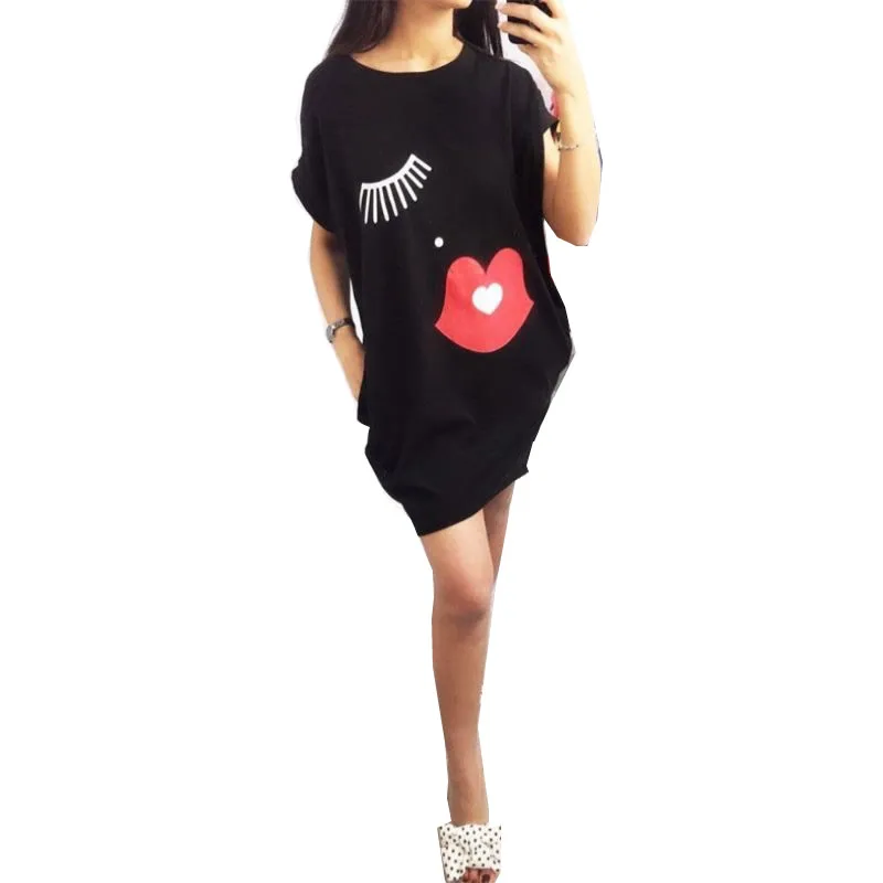 

Womens Ladies Eyelash Lips Print Summer Loose Tops Short Sleeve Mini Shirt Dress
