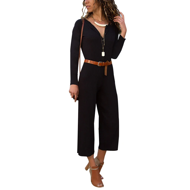 Elegant Jumpsuit Womens Romper Black V Neck Long Sleeve