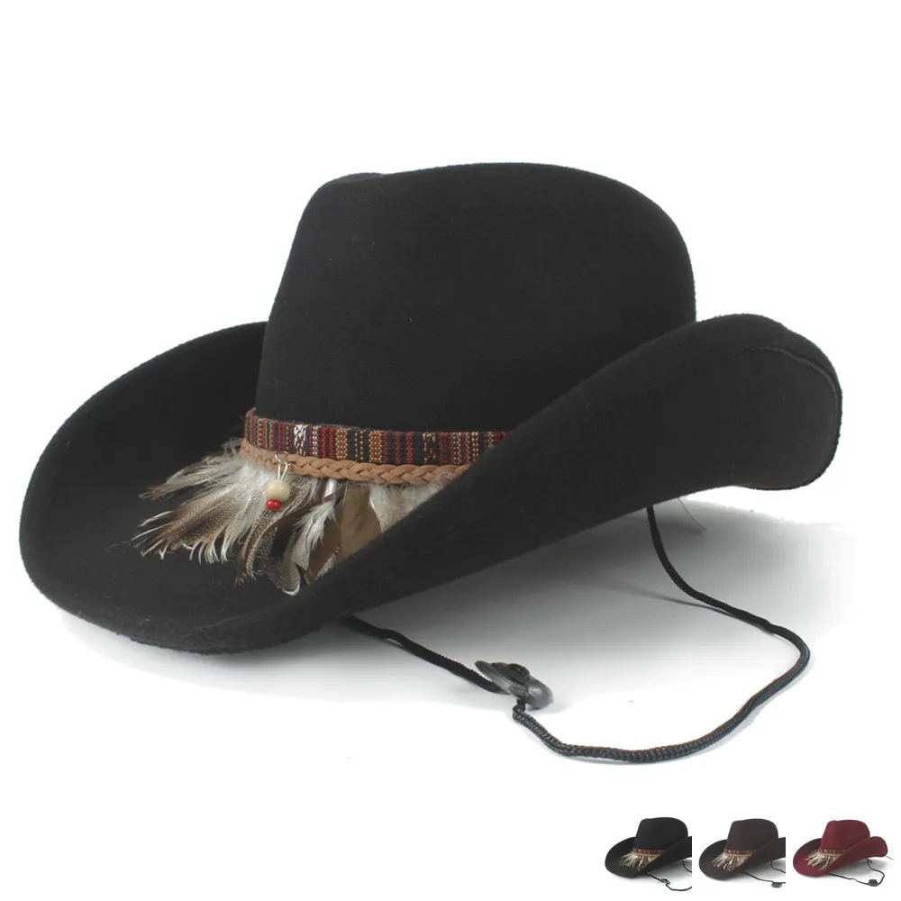Для женщин мужчин Шерсть полые западная ковбойская шляпа Roll-up Brim джентльмен Outblack сомбреро Hombre джаз шляпа ветер веревка