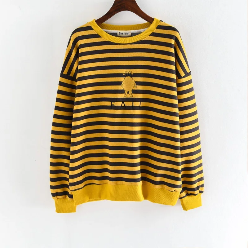

Loose Hoodies Women Embroidery Pattern Stripe Sweatshirts Harajuku O-Neck Coat Spring Casual Pullover Sweatshirt Oversize Tops