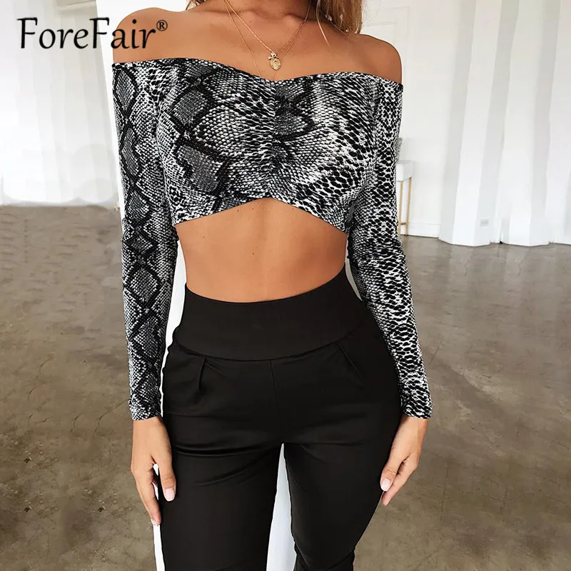 

Forefair Women Snake Print T Shirt Female Vintage Skinny Elastic Sexy Strapless Slash Neck Long Sleeve Crop Top Fitness Bandeau