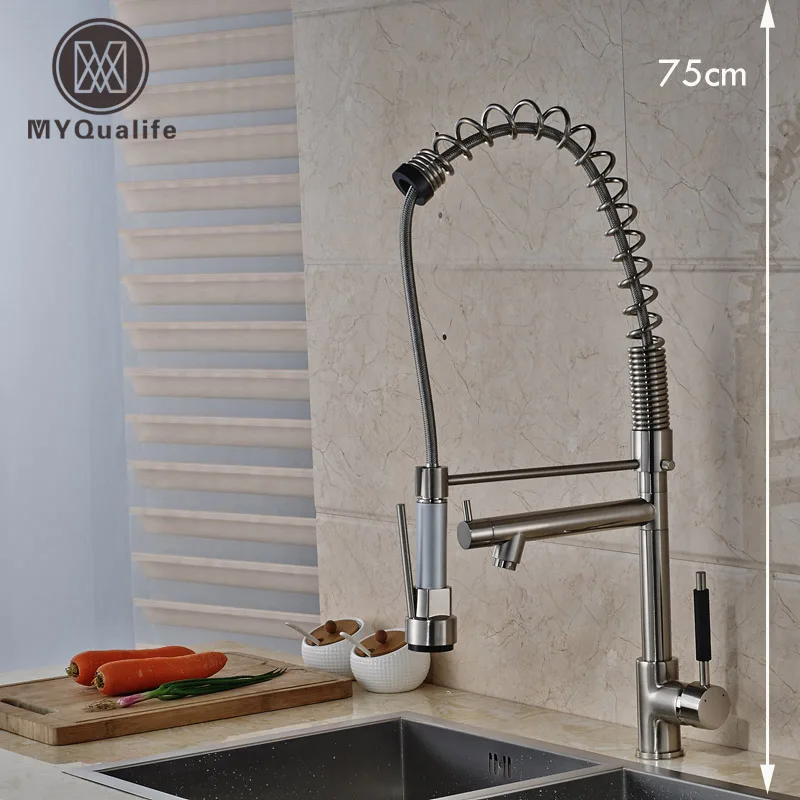 Brushed Nickel Two Swivel Spout Kitchen Sink Faucet Single Handle Spring Kitchen Hot and Cold Water