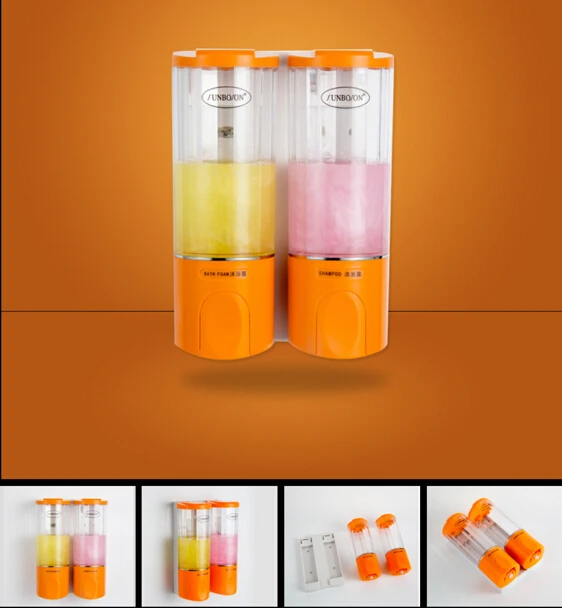 Fashion Large Capacity double Head 2x350ml transparent orange Liquid Soap Dispensers,bathroom