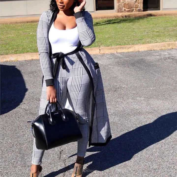 2018 Fashion Sexy Overcoat and Slim Pants Plaid Two Piece Sets Long Sashes Trench Cardigan and Bodycon Pants Suit Summer Outfits 2018 Fashion Sexy Overcoat and Slim Pants Plaid Two Piece Sets Long Sashes Trench Cardigan and Bodycon Pants Suit Summer Outfits