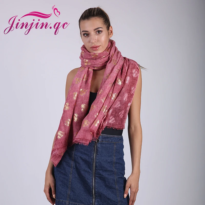 Jinjin.QC Fashion Women Gold Heart Print Foil Scarf Silver Floral Scald Scarves And Wraps Echarpe Foulard Femme Drop Shipping