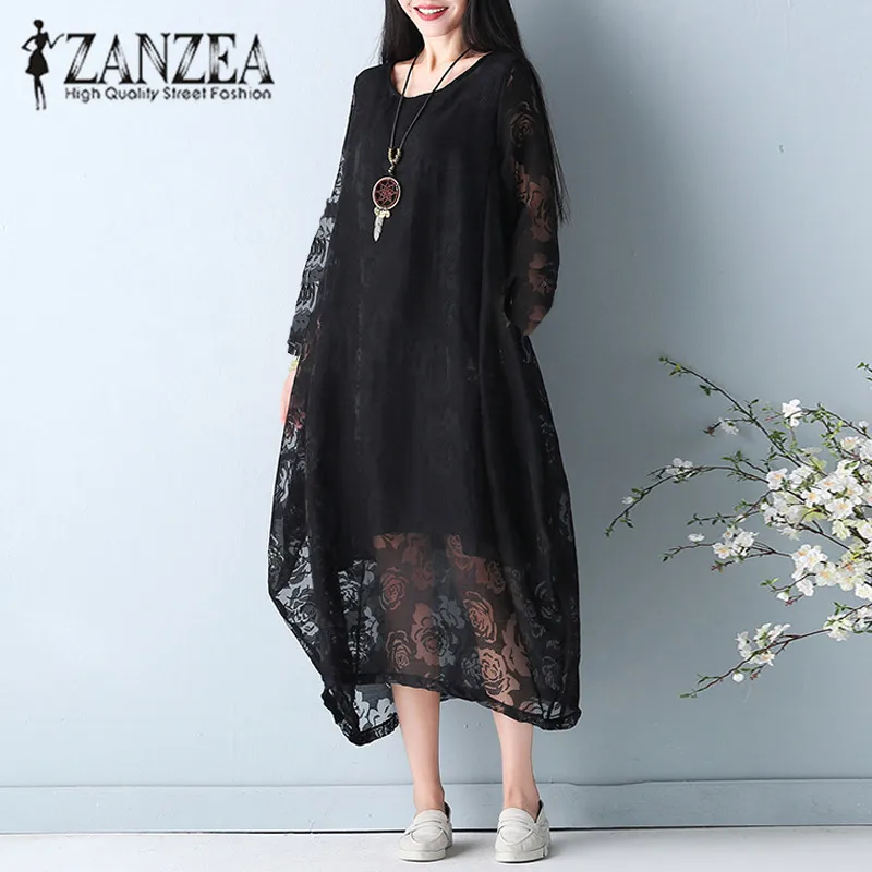 2019 ZANZEA модные женские туфли Boho с кружевами «кроше» с круглым вырезом и длинными рукавами Повседневное Vestido свободные вечерние нерегулярные