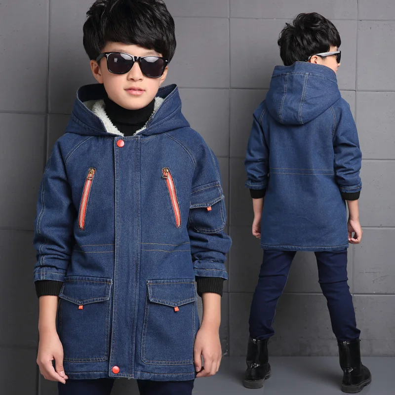 

Boys denim coat plus velvet hooded jacket and long sections 2016 autumn / winter children's denim jacket big boy casual jacket