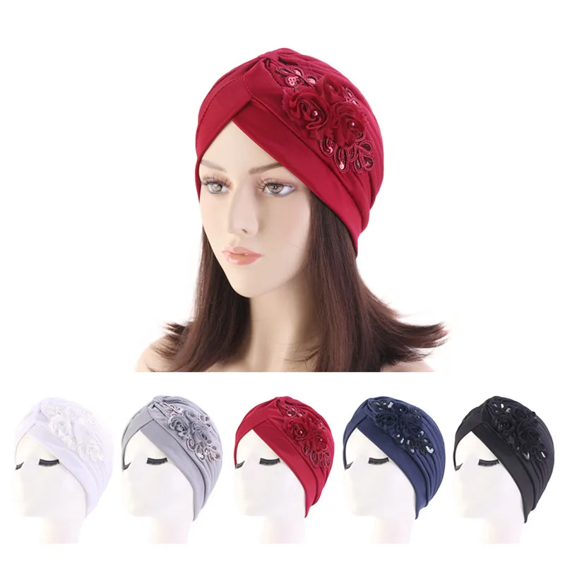 

New sequin flower turban Elegant Muslim Beanie Head wrap Chemo Cap for Hair loss Lady Turbante