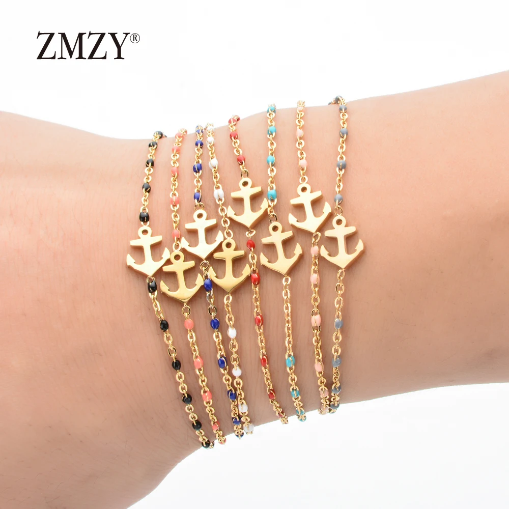 

ZMZY 8pcs/lots Mixed Color Charm Anchor Bracelet Gold Color Stainless Steel Bracelet for Women Jewelry Gift Thin Chain Bracelet