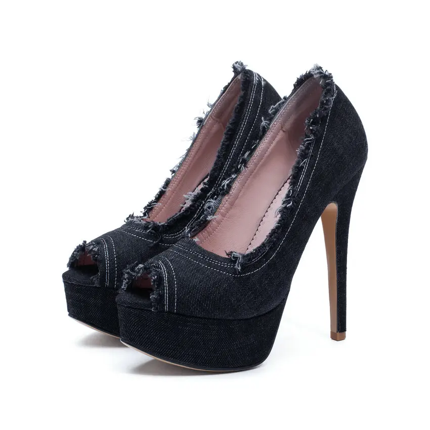 QUTAA/ г. Женские туфли-лодочки Модная Джинсовая обувь с бахромой на очень высоком тонком каблуке с открытым носком Демисезонная обувь без шнуровки на платформе 3,5 см, размеры 34-43 - Цвет: Черный