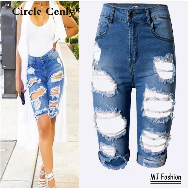 2016 Europe Style Half Ripped Jeans New High Waist Personality Fashion