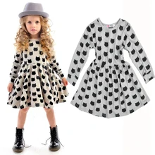 2016 spring girl Kids Dress Cartoon cat pattern Princess dress Brands Long sleeve Casual Dresses Elasticity Bottoming dress girl