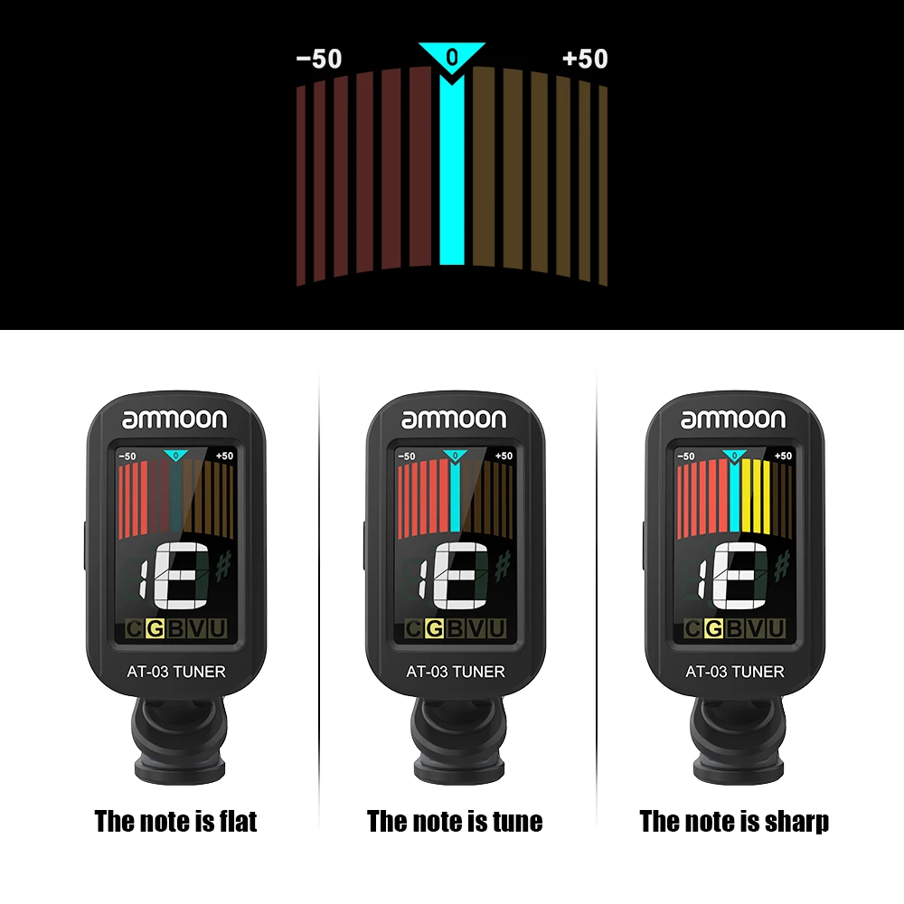 Ammoon AT-03 Электрический гитарный тюнер, цветной ЖК-экран, вращающийся на 360 градусов для акустической гитары, бас-скрипки, укулеле