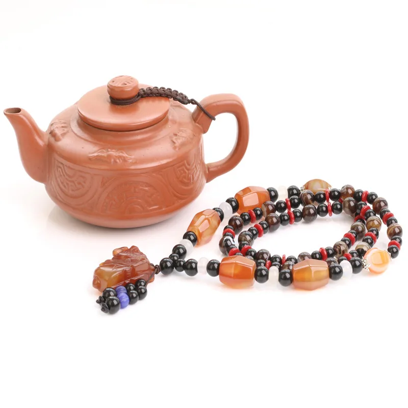 

Natural stone beads necklaces women long sweater chain with Pixiu pendant hand woven ethnic necklace OM Jewelry