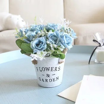 

Artificial Silk Rose Flowers with Iron Pot Mini Bonsai Plant Real Touch Fake Flowers for Wedding Decoration Home Garden Decor