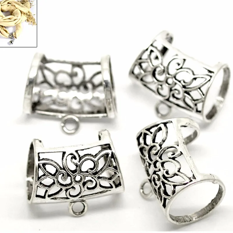 Wholesale Lots Silver Tone Flower Hollow Bail Beads for Wrap Scarf 3.3x2.8cm