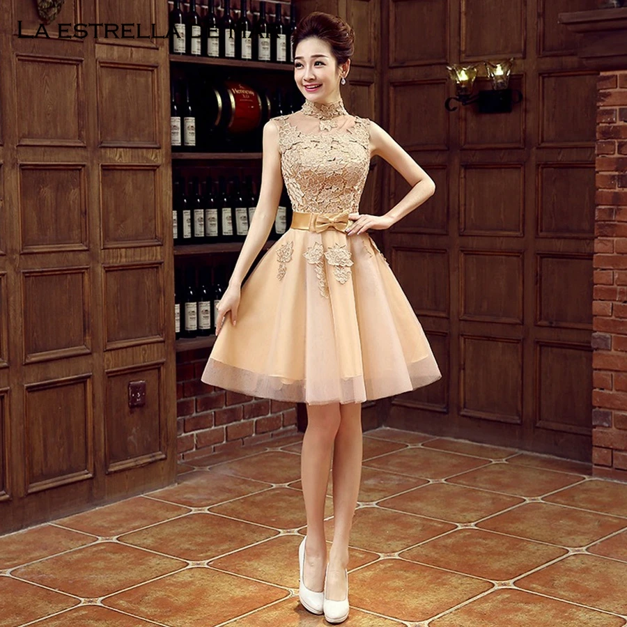 

Vestido madrinha2018 high neck lace fluffy gold bridesmaid dresses short ropee demoiselle d'honneur pretty wedding party gown