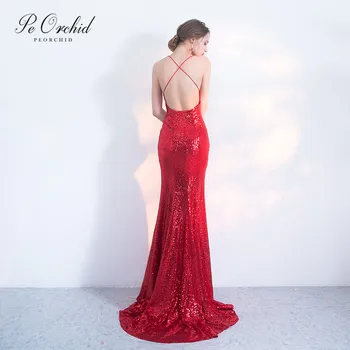 

PEORCHID Burgundy Black Sequin Mermaid Evening Dress Elegant Woman Abiti Cerimonia Donna Ladies Formal Dresses Party Gown 2019