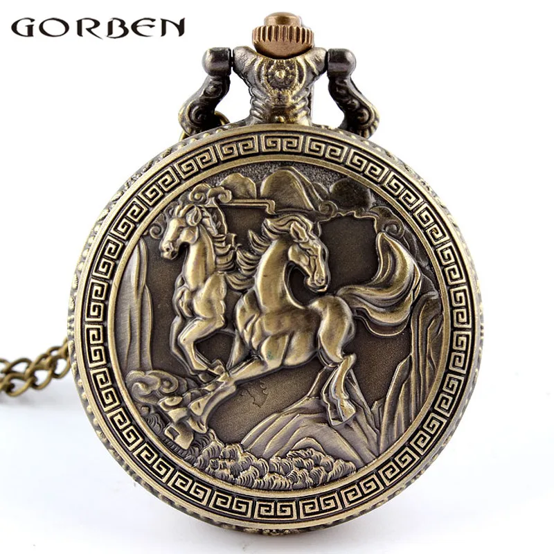 

Vintage Bronze Couple Running Horses Quartz Pocket Watch Women Men Carved Fob Pendants Zodiac Chinese Style Gift