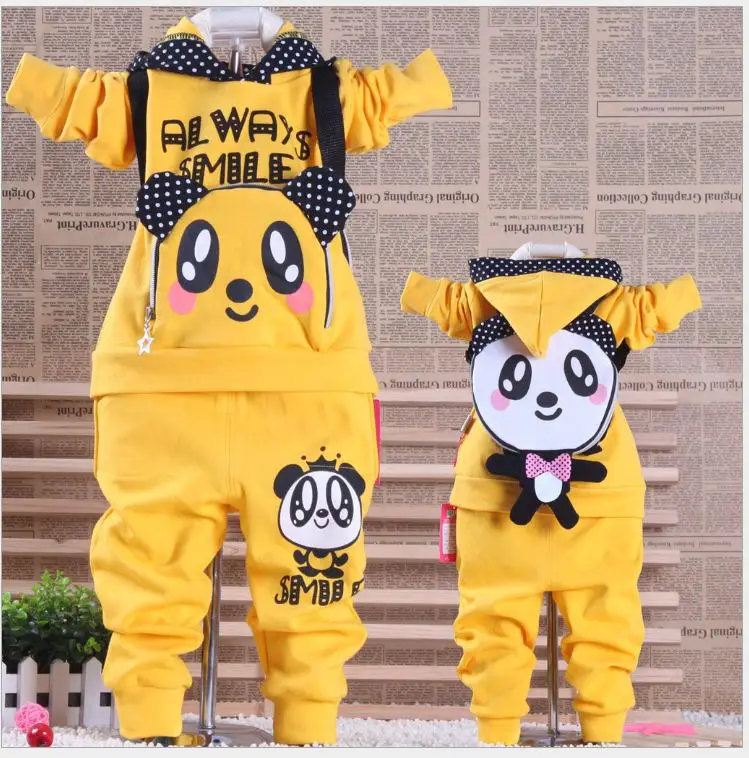 Best 2018 Top Fashion Set Sales In The Spring And Autumn New Boy Girl Panda Backpack Suit (jacket + T shirt Pants) Free Shipping