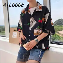 Ailooge 2018 новый летний Для мужчин; Корейская версия из свободные личности с принтом модные тенденции bf ветер половины рукав рубашка хлопок