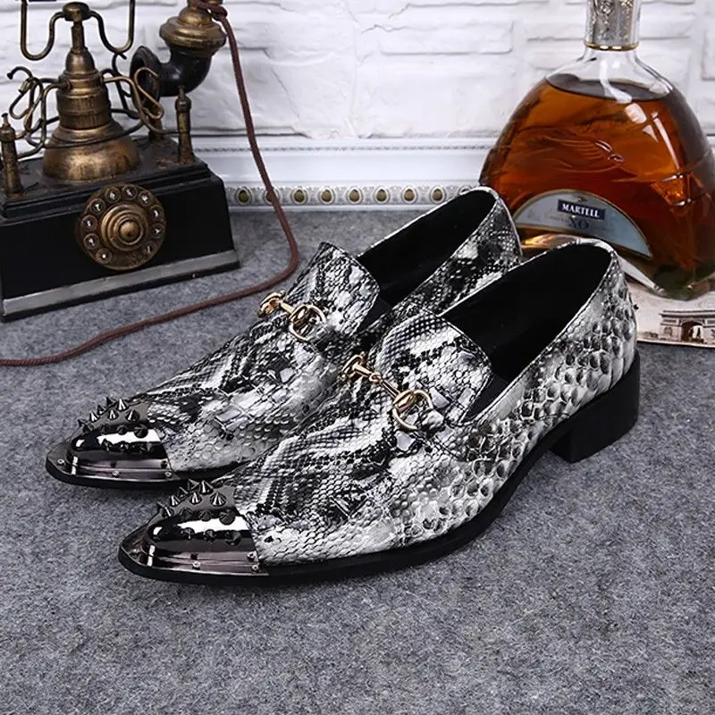 

Plus Size 2016 New Formal Brand Genuine Leather Patent Man Flats Pointed Toe Slip on Snake Print Rock Punk Loafers Shoes FPT467