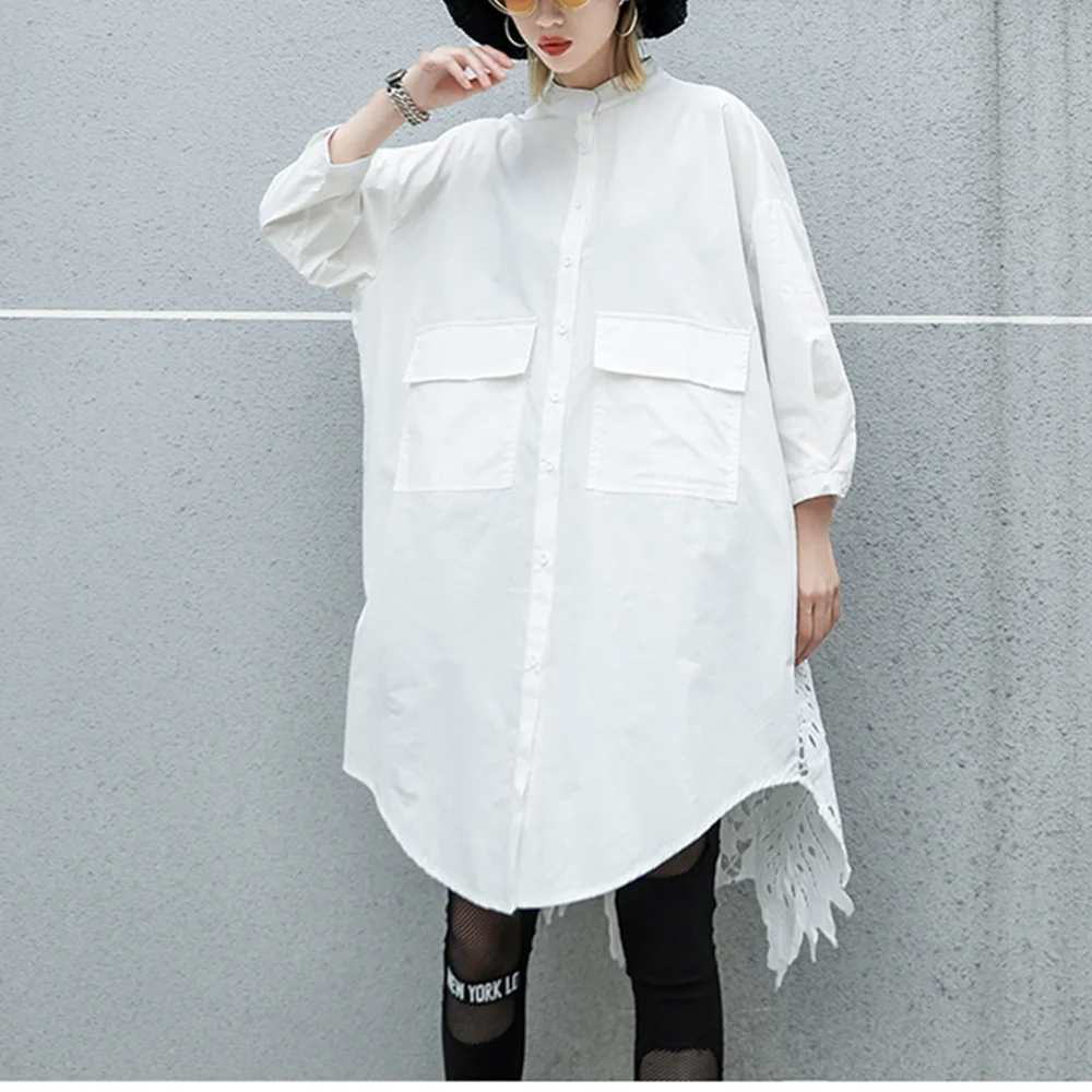 Long Sleeve Summer Women Shirt Back Lace Hollow Out High Street Stand Collar Female Blouse Button Elegant White Black Hot Shirts