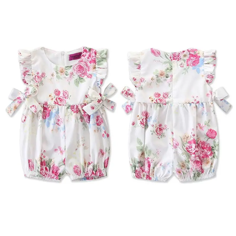 

Baby Summer Jumpsuit Cute Rose Print Children Crawling Suit Bow Girls Newborn Sleeveless Romper