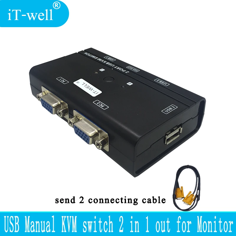 IT-well 2 порта KVM переключатель управления 2 ПК Хост 1 Набор USB клавиатура мышь и VGA монитор мульти ПК управление оригинальным кабелем