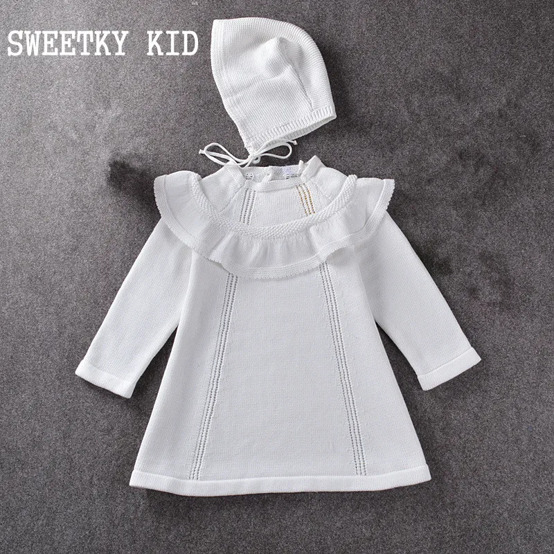 

New Arrive Fashion Girls Dress Wool Knitting Lotus Trimming Casual Dress & Hat Red/white Color Princess Spring Dress Baby Girl