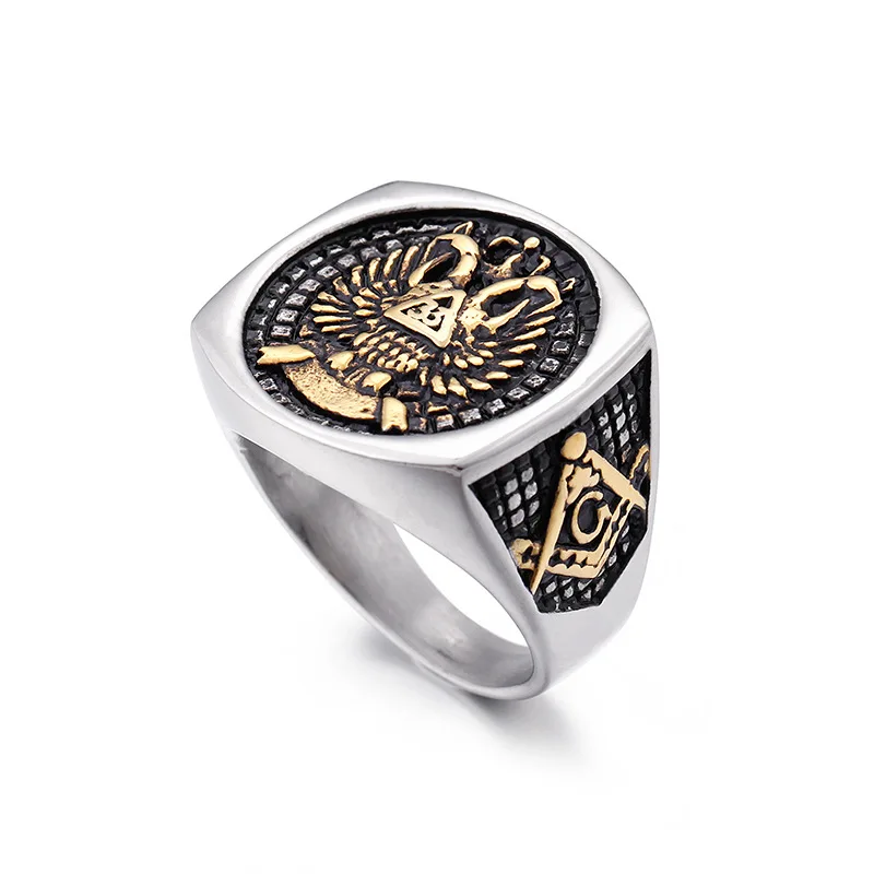 Masonic Stainless Steel Men's Double Hawk Ring Popular Gold Religious ...