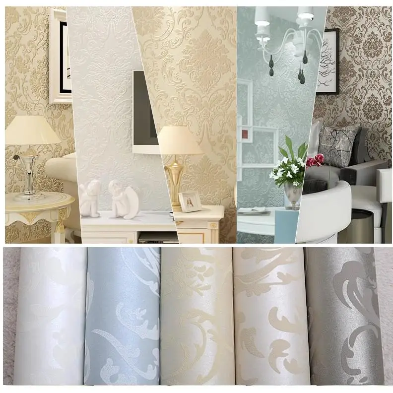 

Luxury flock non woven glitter metallic classic silver damask wallpaper design modern textured wallcoverings vintage wall paper