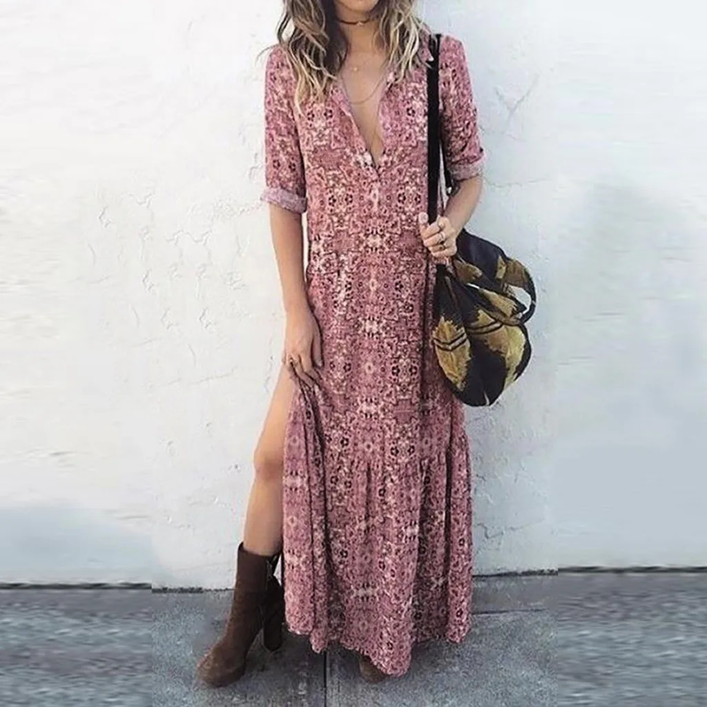Women Loose Casual Print V Neck Long Sleeved Summer Slit Up Maxi Dress loose cotton chiffon pleated dress large size fashion | Женская