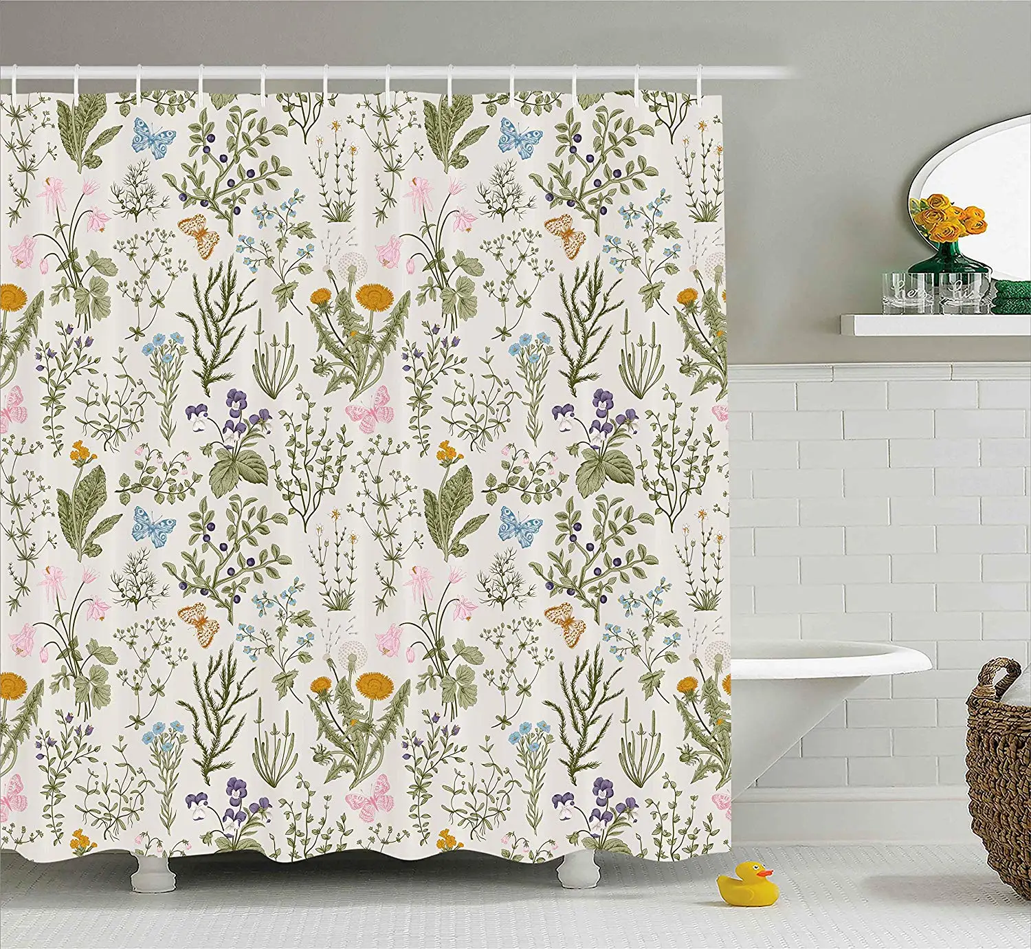Online Cortina de ducha Floral plantas de jardín Vintage con hierbas flores diseño clásico botánico tela decoración de baño conjunto con ganchos