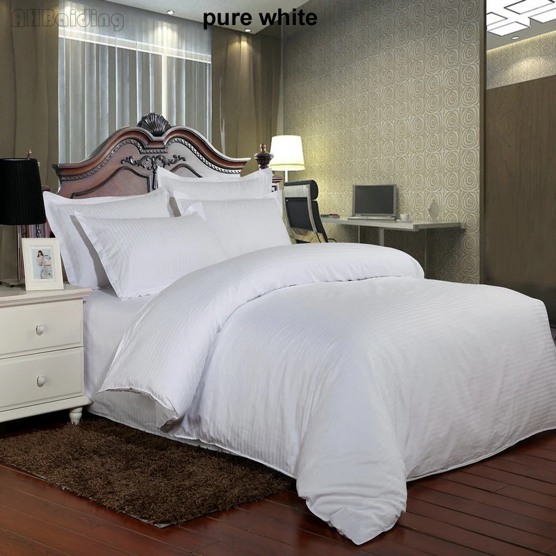 Buy Hot Sale Pure White Stripes Hotel Bedding Set Luxury 100 Satin Cotton 60s